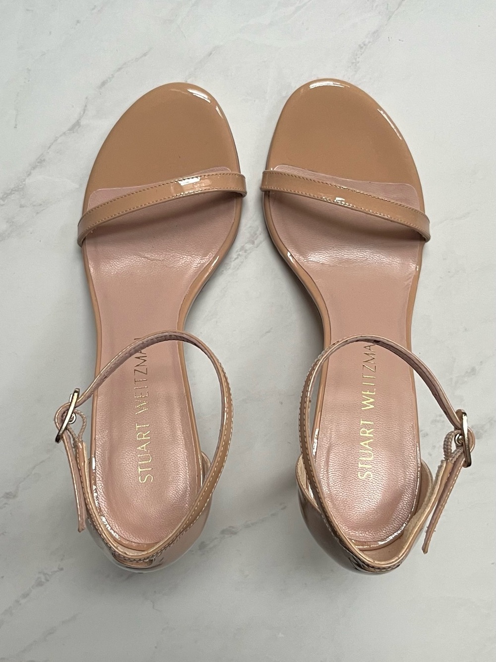 Stuart Weitzman • 5.5 • Nude Patent Leather Ankle-Strap Heel Pumps